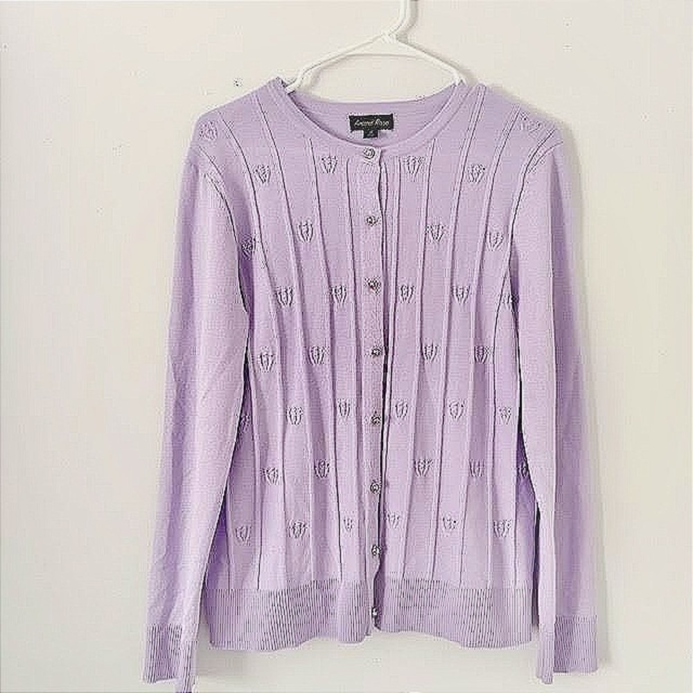 Amore Rose Lavender Pointelle Pintuck Cardigan Sweater Large Heart Buttons